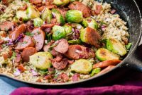 Cheesy Kielbasa Cheddar Broccoli Rice Skillet