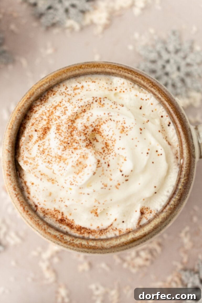 A photo taken over the top of a mug full of snowman soup, generously topped with whipped cream and sprinkled with cinnamon, offering a close-up of its deliciousness.