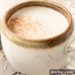 A photo of a mug full of warm vanilla milk and topped with a sprinkle of cinnamon