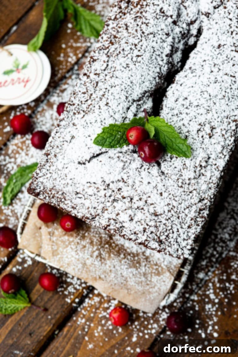 Classic Gingerbread Loaf 3 A top-down photo of a beautifully baked gingerbread loaf, lightly dusted with powdered sugar, and elegantly garnished with two whole cranberries and a sprig of greenery.