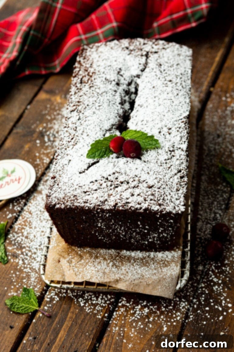 Classic Gingerbread Loaf 10 A stunning photo of a complete gingerbread loaf, beautifully topped with a generous dusting of powdered sugar, and artfully garnished with vibrant whole cranberries and fresh greenery.
