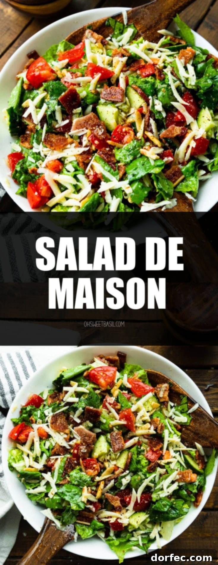 A large bowl brimming with a fresh green salad, featuring slivered almonds, bright red tomatoes, and crispy bacon crumbles, highlighting its irresistible freshness.