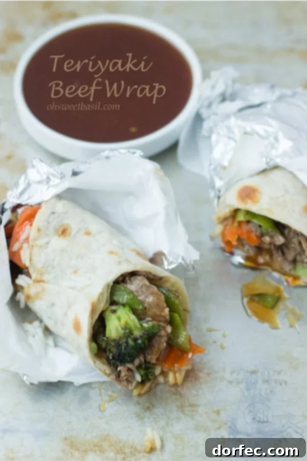 teriyaki beef wrap for a quick dinner! ohsweetbasil.com broccoli, carrots, rice, sesame seeds