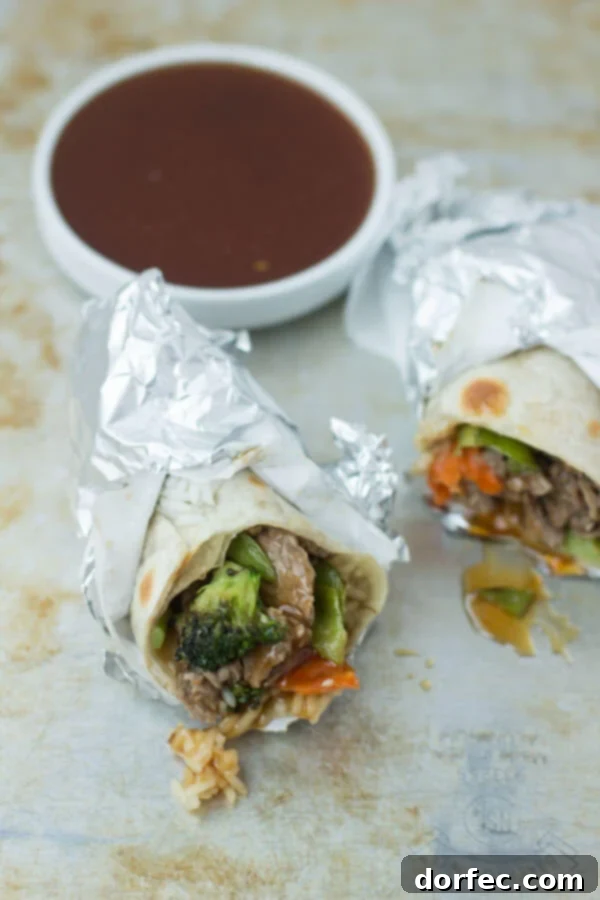 teriyaki beef wrap for a quick dinner! ohsweetbasil.com broccoli, carrots, rice, sesame seeds