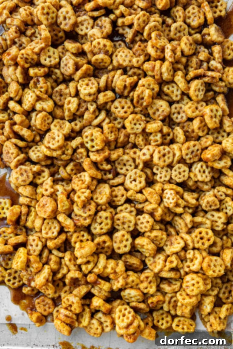 A photo gallery showing the assembly steps for making delicious Honeycomb churro snack mix: from combining cereal with caramel to dusting with cinnamon sugar.