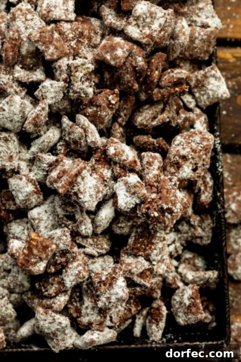 a serving tray full of dark chocolate muddy buddy chex  mix