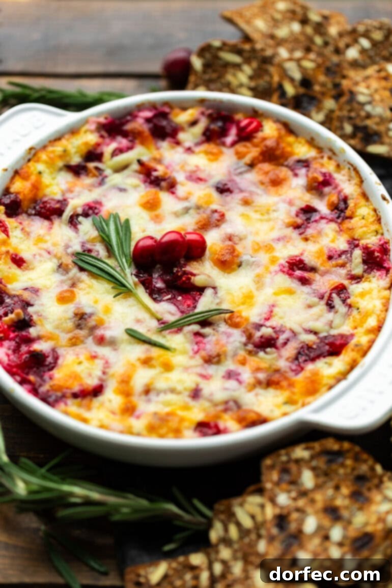 a circular cast iron baking dish filled with melty gooey cranberry cream cheese dip topped with a sprig of fresh rosemary and a few whole cranberries