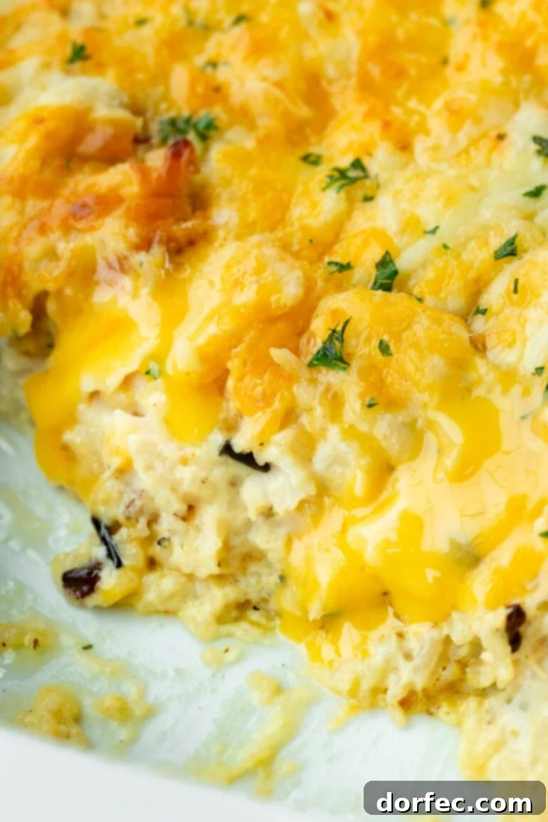 Super Creamy Cheesy Chicken and Rice Casserole 6 A baked creamy chicken and rice casserole, fresh out of the oven, topped with perfectly melted Colby Jack cheese and a golden, bubbling crust, in a white baking dish.