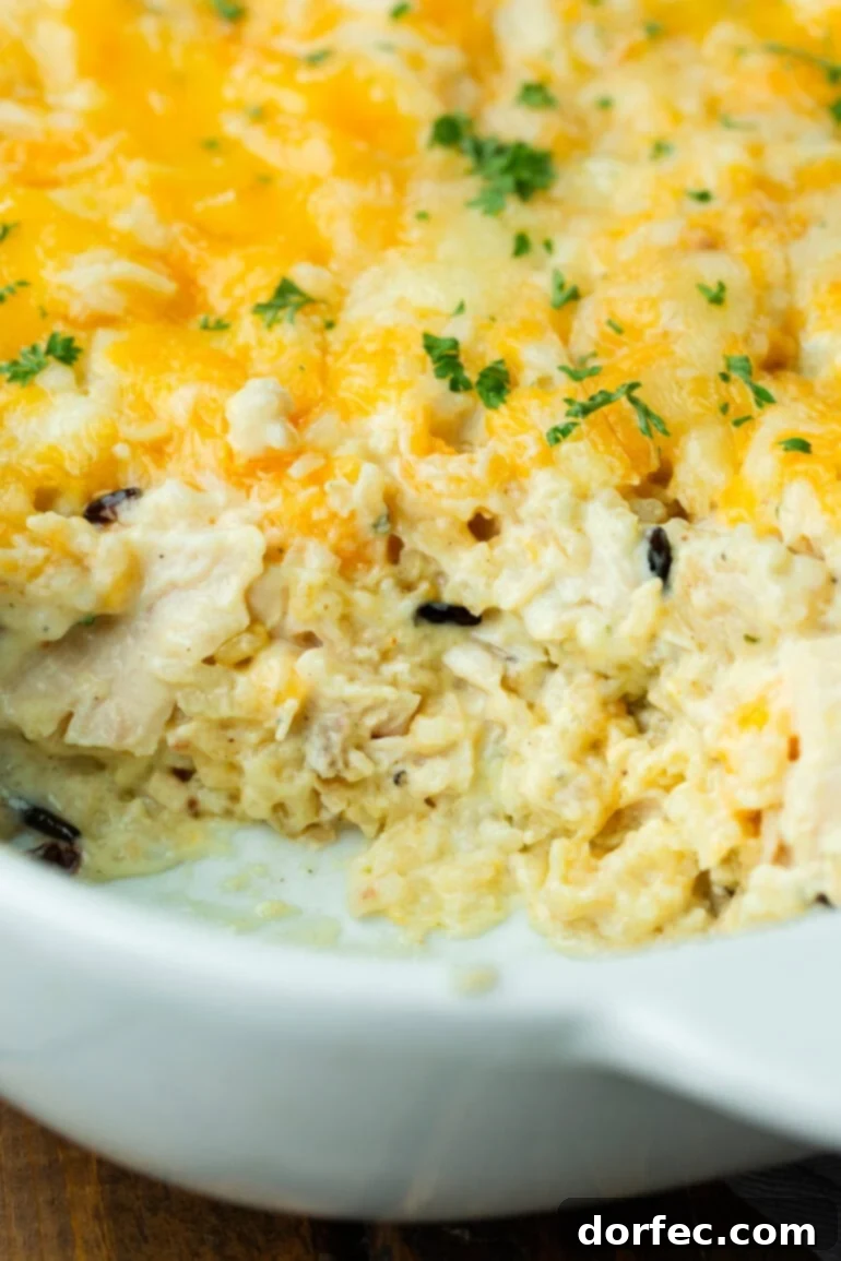 Super Creamy Cheesy Chicken and Rice Casserole 9 A serving dish of Cheesy Chicken and Rice Casserole with several scoops removed, showing the creamy, hearty texture of the dish.