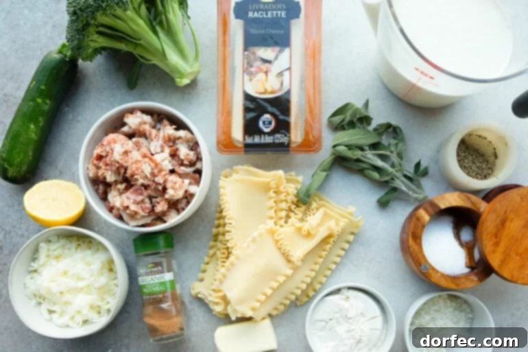 A photo of all the ingredients for pancetta vegetable lasagna with white sauce, including fresh sage, pancetta, raclette, seasonings, and lasagna noodles, neatly arranged on a countertop.