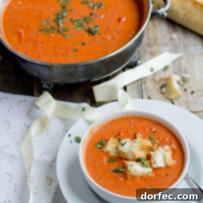 Roasted Tomato Soup with Grilled Cheese Croutons.