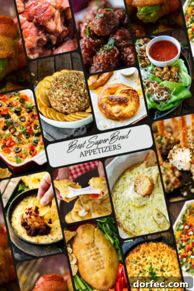 A vibrant collage showcasing various Super Bowl party appetizer ideas, including dips, small bites, and savory treats, perfect for game day snacking.