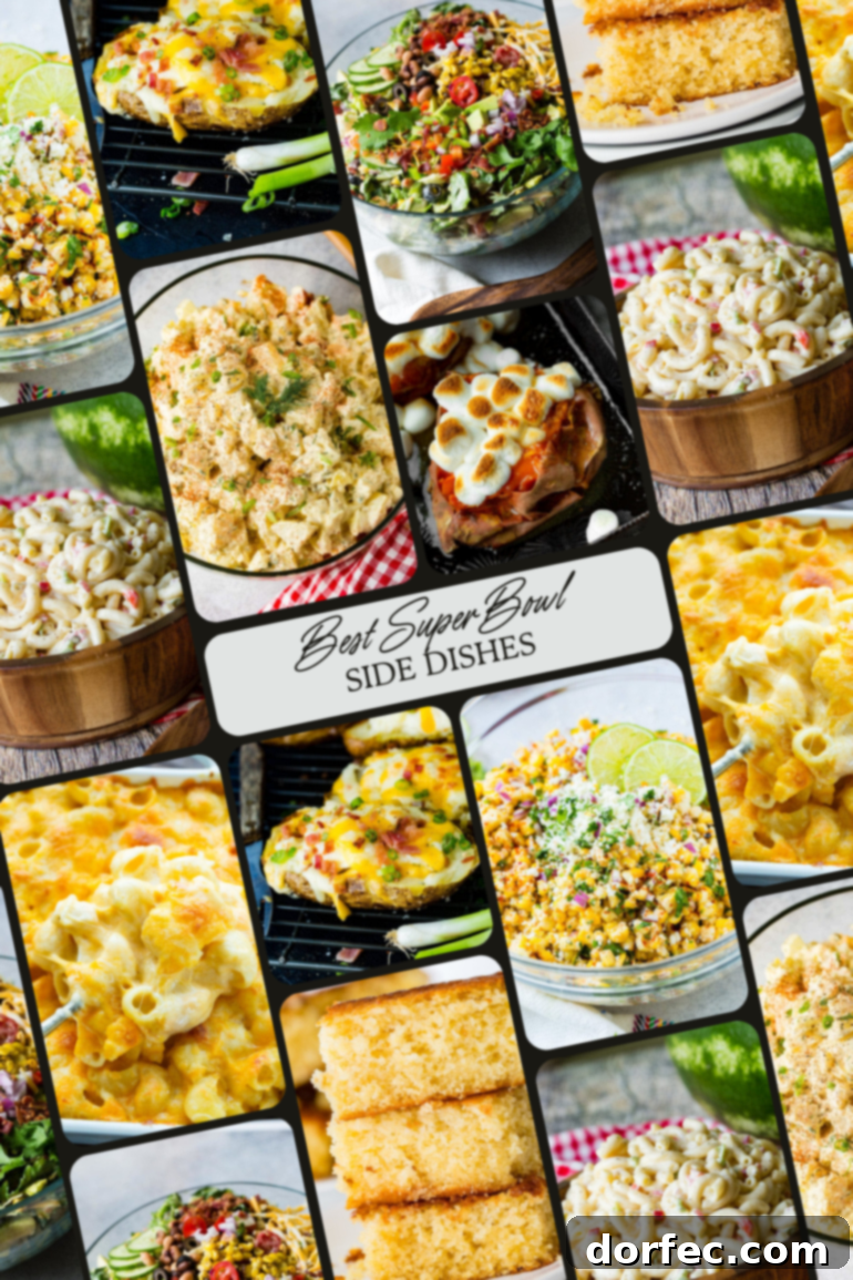 A vibrant collage displays several enticing Super Bowl side dishes, ranging from fresh salads to comforting potato and pasta salads, perfect for game-day pairing.