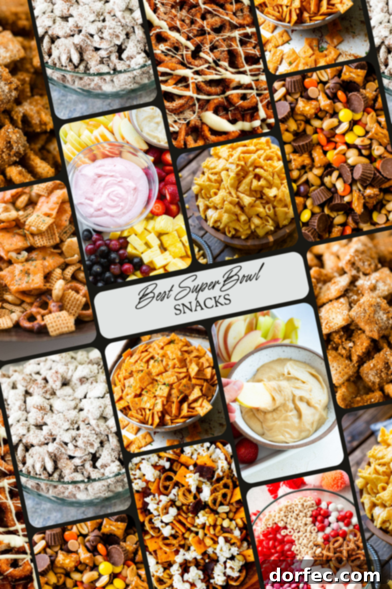 A dynamic collage of various game-day snacks perfect for the Super Bowl, featuring sweet mixes, savory crackers, and fruity dips.