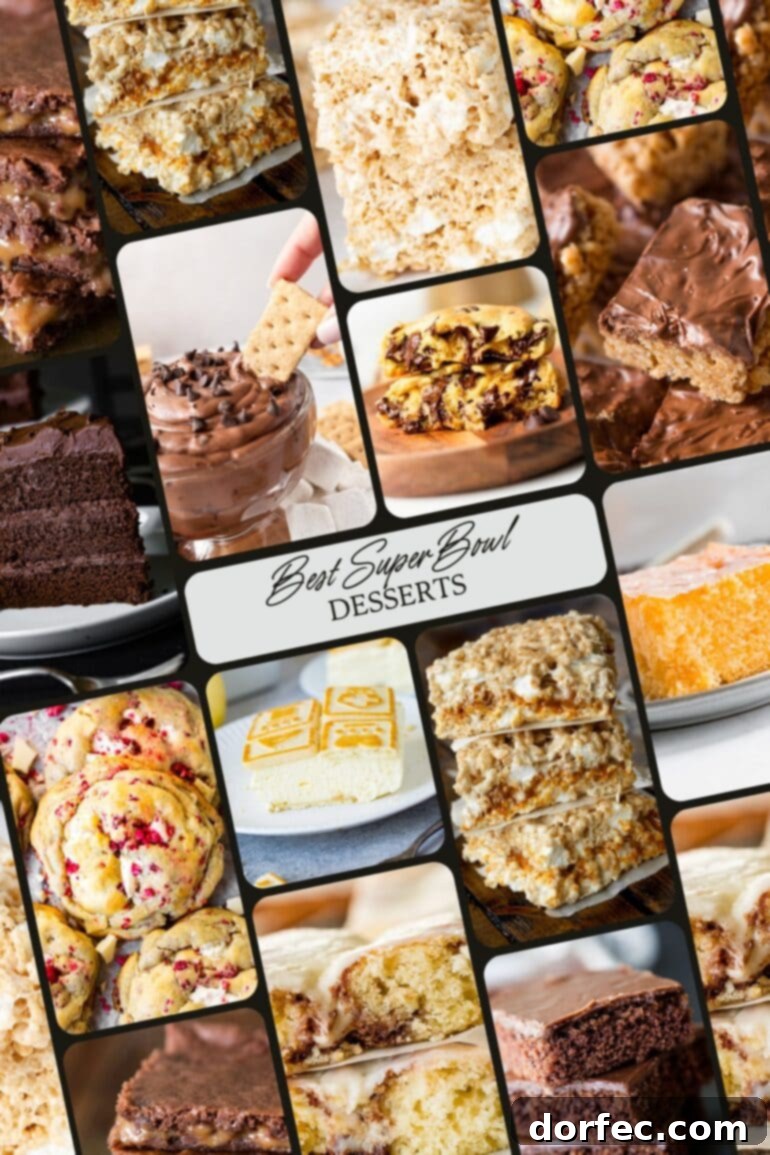 A delightful collage showcases various dessert recipes perfect for the Super Bowl, featuring cakes, cookies, and bar treats to satisfy every sweet tooth.