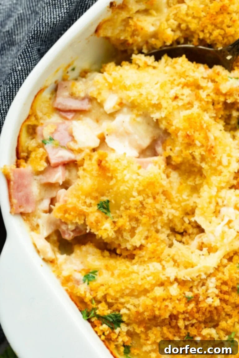 A beautifully baked Chicken Cordon Bleu Casserole, golden brown and bubbling, ready to be served as a delightful family meal.