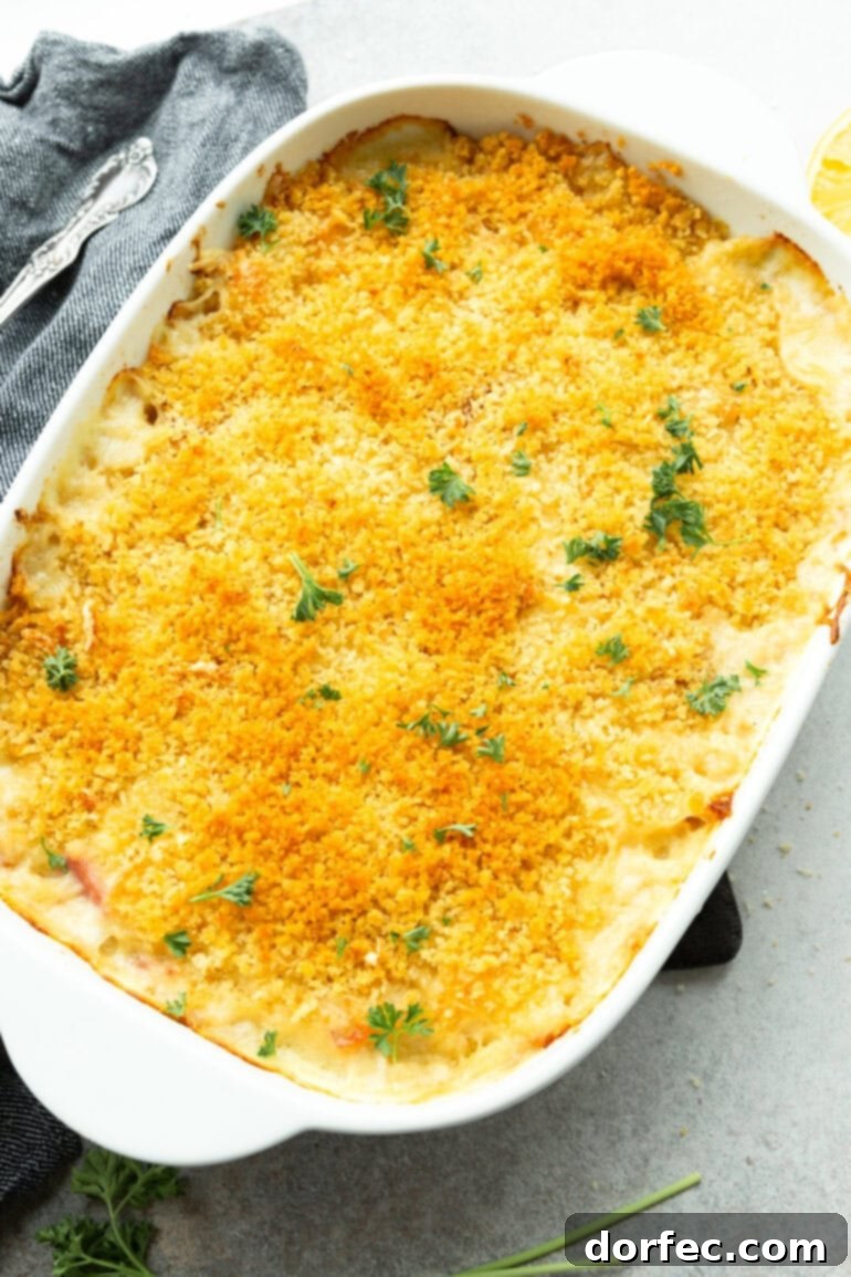 A baked Chicken Cordon Bleu Casserole, showcasing its golden-brown, crispy panko breadcrumb topping, ready for serving.