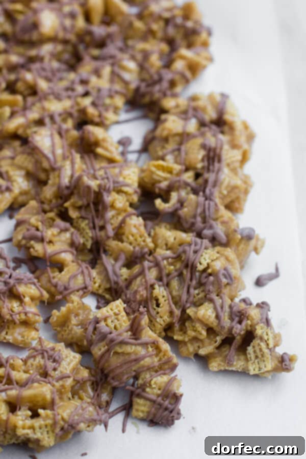Delicious Scotcheroos Chex Mix, a perfect party snack with peanut butter and chocolate drizzle