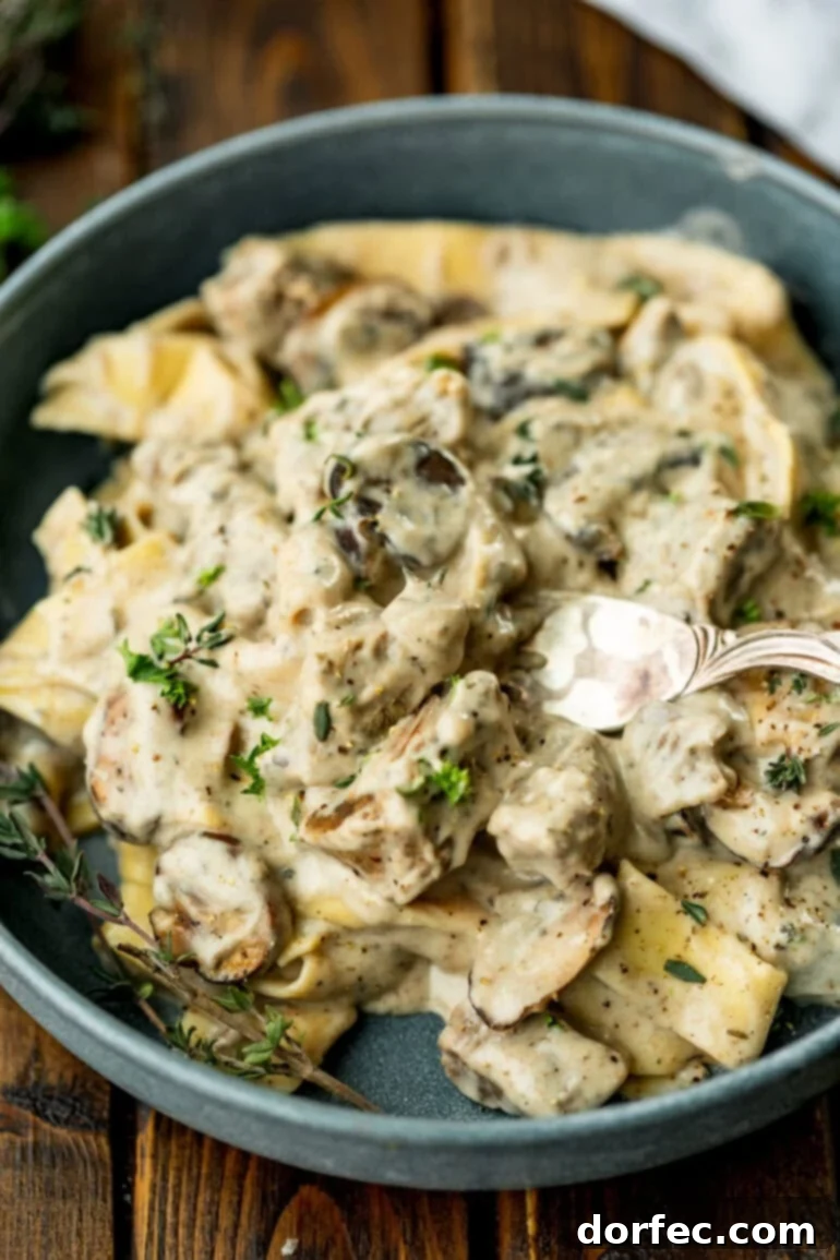 Fork scooping up a bite of beef stroganoff