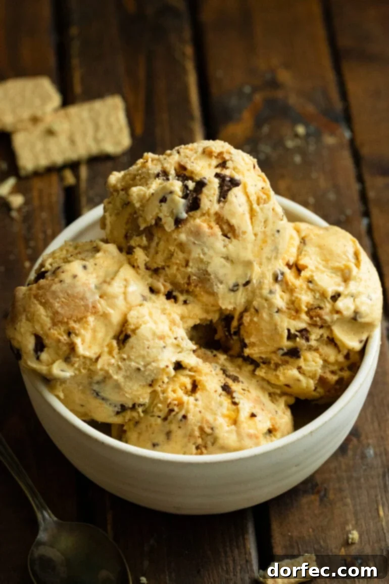 A glistening white bowl overflowing with scoops of Graham Canyon ice cream, revealing its creamy texture and delicious mix-ins.
