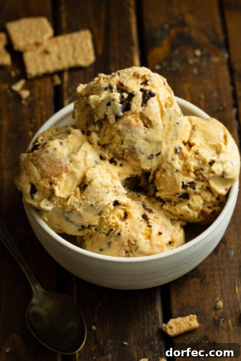 A bowl filled with multiple scoops of Graham Canyon ice cream, showcasing its appealing texture and rich mix-ins.