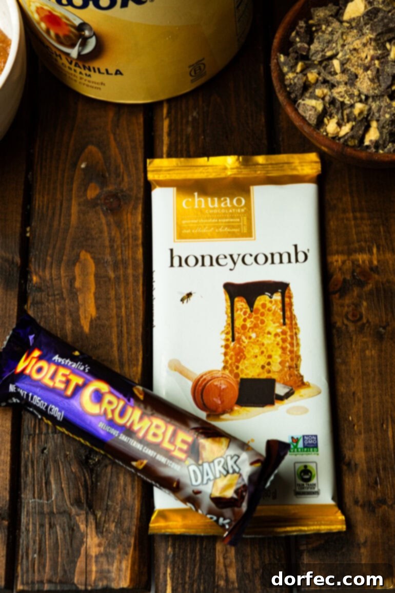 A close-up of the honeycomb candy bars, Violet Crumble and Chuao, essential for creating the unique crunchy bits in Graham Canyon ice cream.
