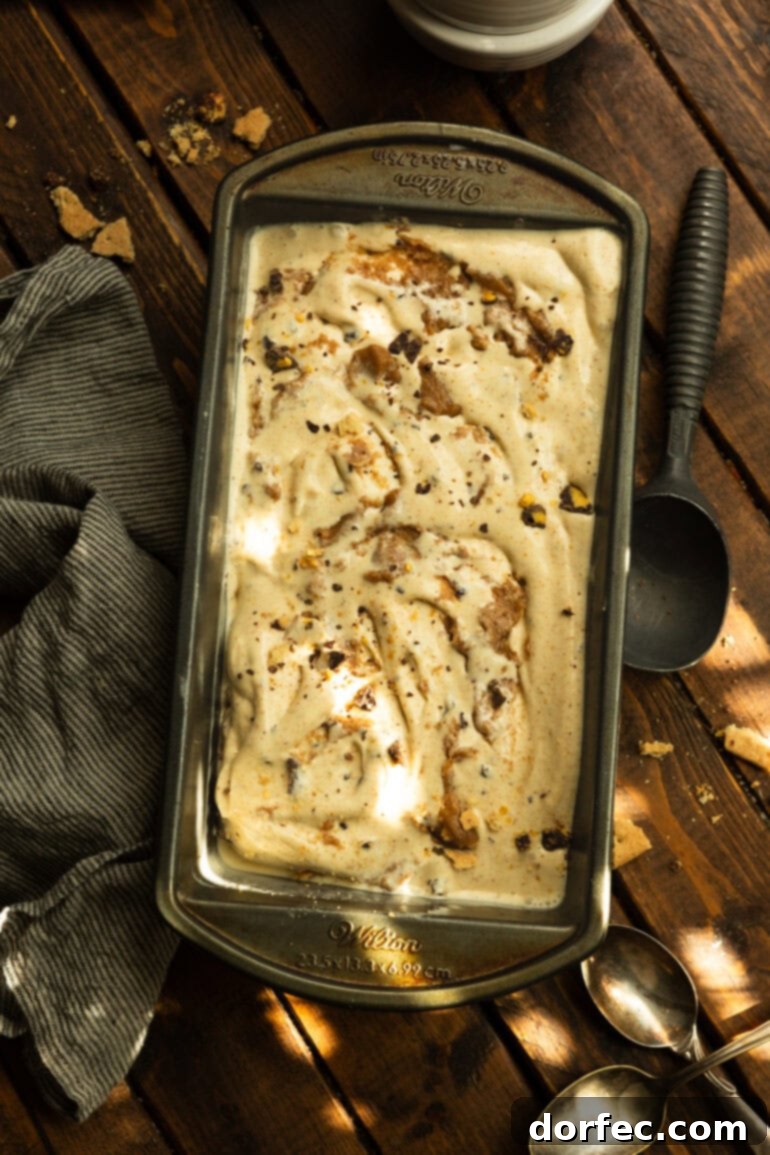 A bread loaf pan filled with creamy graham cracker ice cream, an ice cream scoop resting beside it, ready for serving.