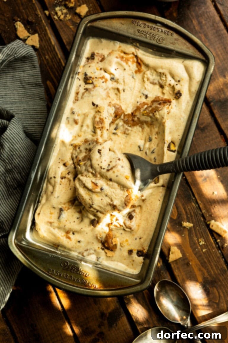 An ice cream scoop diving into a container of rich Graham Canyon ice cream, pulling out a perfect serving of the layered dessert.