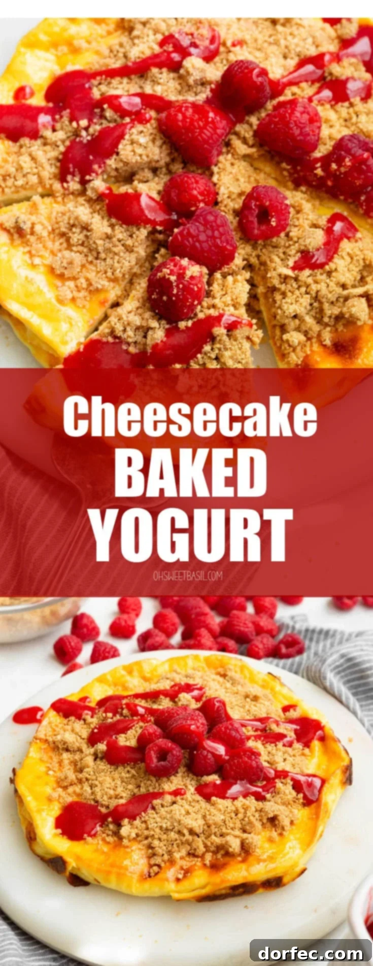 Creamy Baked Yogurt Cheesecake 11 A photo taken over the top of a baked yogurt with a slice removed, topped with raspberry sauce, graham cracker crumble, and fresh raspberries.