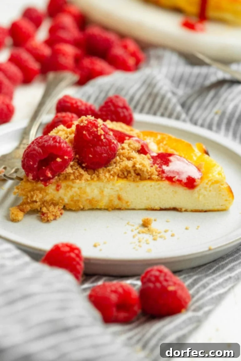 Creamy Baked Yogurt Cheesecake 9 A photo of a slice of baked yogurt topped with graham cracker crumble and fresh raspberries.