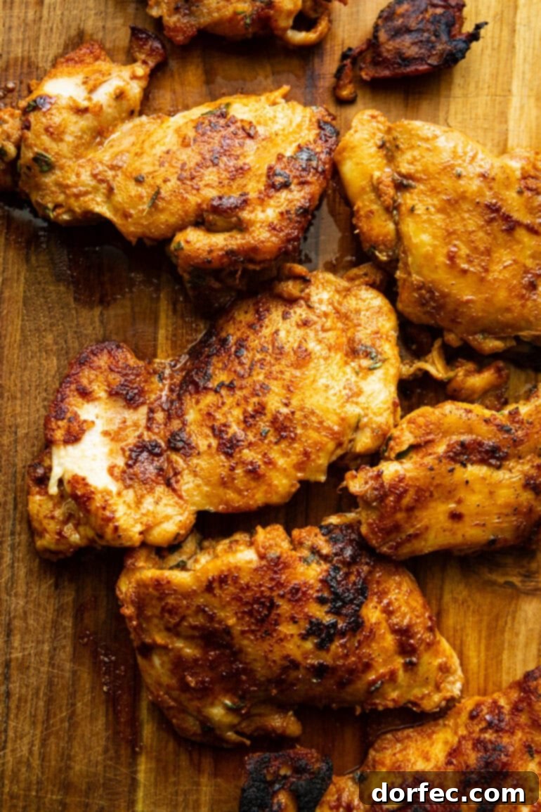 Perfectly grilled Greek chicken thighs, glistening with flavorful spices, ready to be served alongside the lemon rice, highlighting the delicious outcome of this easy one-pan meal.