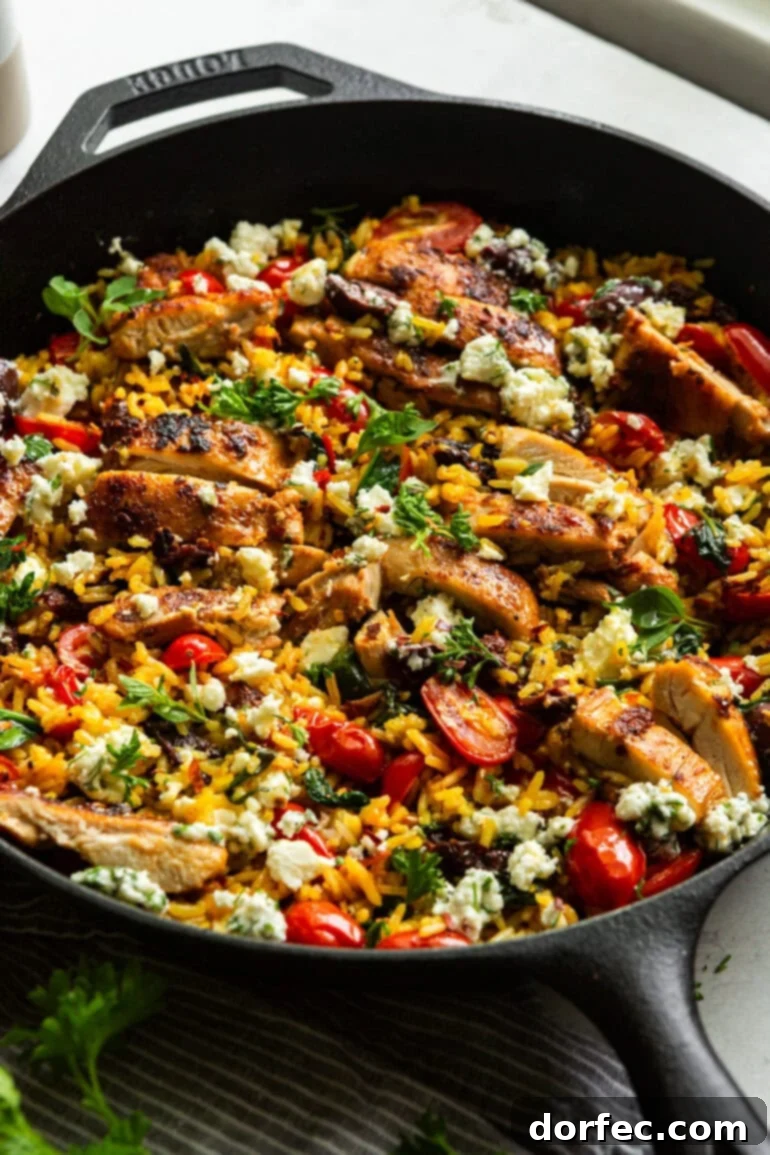 A cast iron pan with cooked Greek lemon rice, vibrant grape tomatoes, fresh herbs, creamy feta cheese, and grilled chicken, perfectly arranged for a hearty and healthy family dinner.