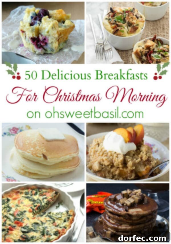 50 Delicious Breakfasts for Christmas Morning A beautifully set table with a delicious spread of breakfast items, perfect for Christmas morning celebration, including pancakes, waffles, fresh fruit, and coffee.