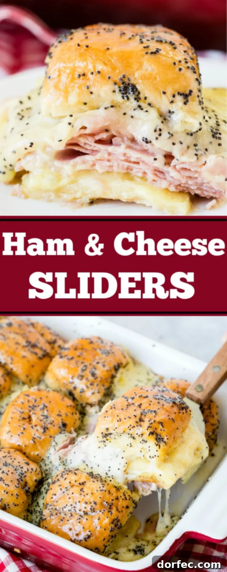 Irresistible ham and cheese sliders with poppy seed dressing, a perfect recipe for using up leftover ham.