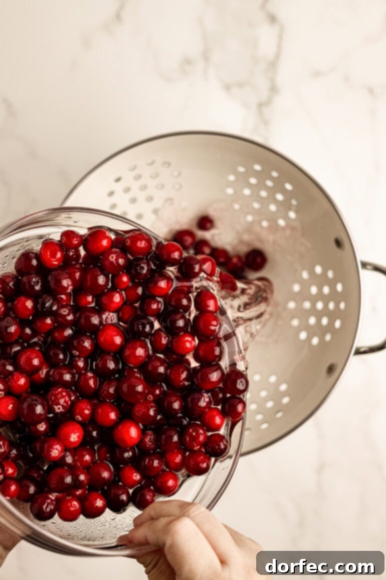 Glittering Sweet Tart Cranberries 4 Step-by-step image of fresh cranberries being rinsed.