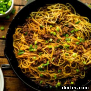 A photo of a cast iron skillet full of cooked spaghetti noodles tossed with ground beef and chopped scallions