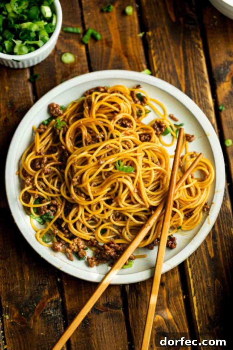 An inviting overhead photograph of a plate piled high with saucy Korean ground beef noodles, showcasing the rich texture and vibrant colors of this quick and easy dish.