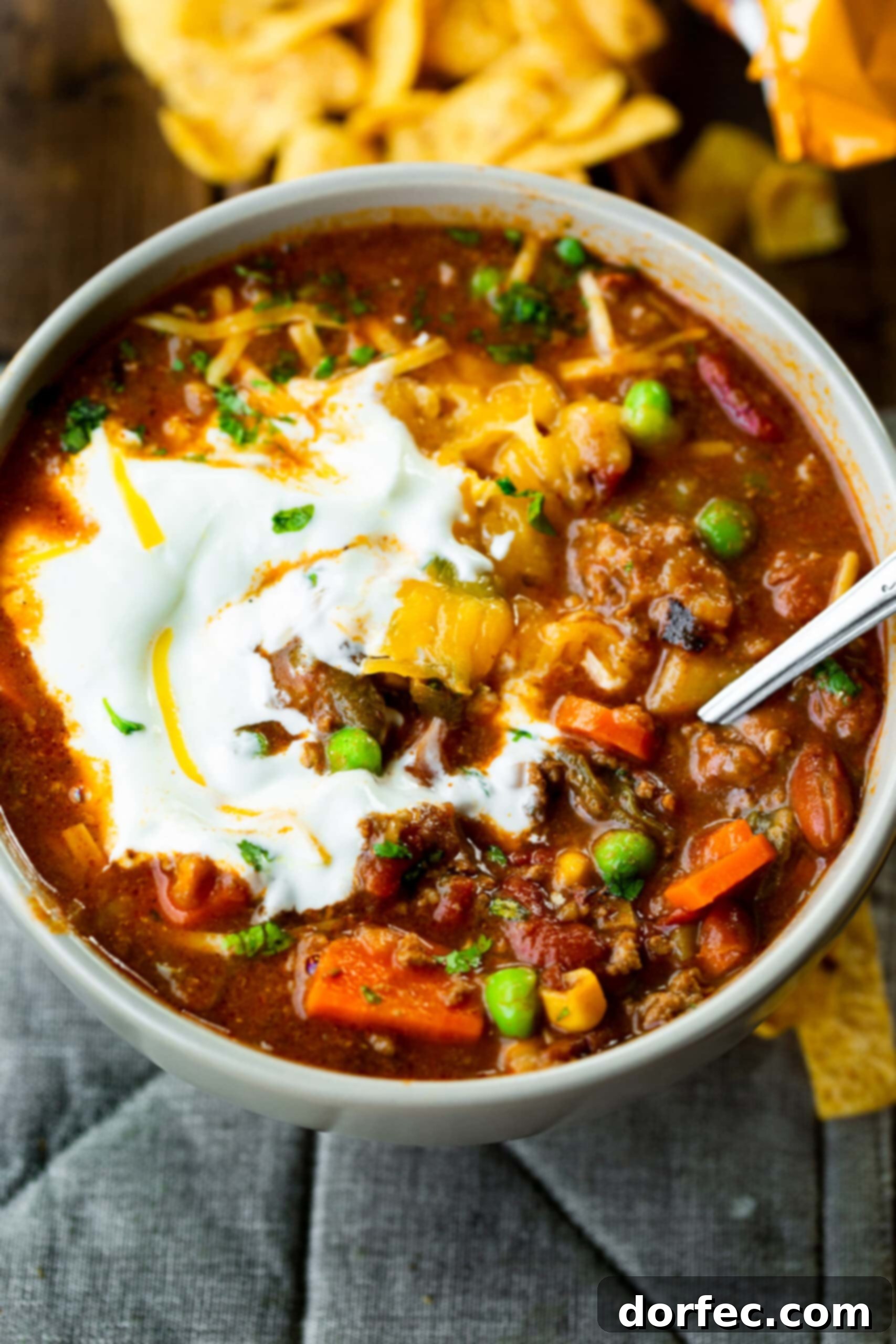 Creamy and Cheesy Taco Stew A tempting photo of a bowl brimming with rich taco stew, adorned with creamy melted sour cream and a generous sprinkle of shredded cheddar cheese, ready to be savored.