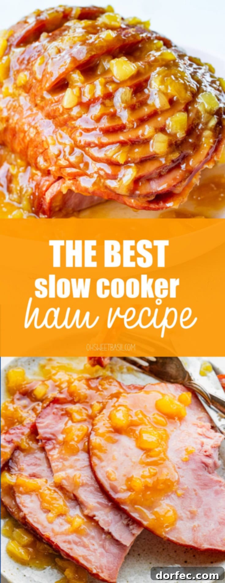 Perfectly Tender Slow Cooker Ham 11 A high-resolution photo of several slices of ham, neatly stacked on a white plate, generously topped with a delectable pineapple brown sugar glaze. This enticing image is perfect for sharing on social media and culinary blogs.