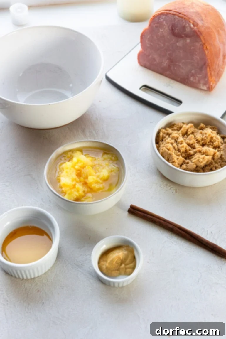 Perfectly Tender Slow Cooker Ham 4 A vibrant flat lay photo displaying all the fresh and carefully measured ingredients for slow cooker ham and its accompanying glaze, neatly arranged in separate small bowls.
