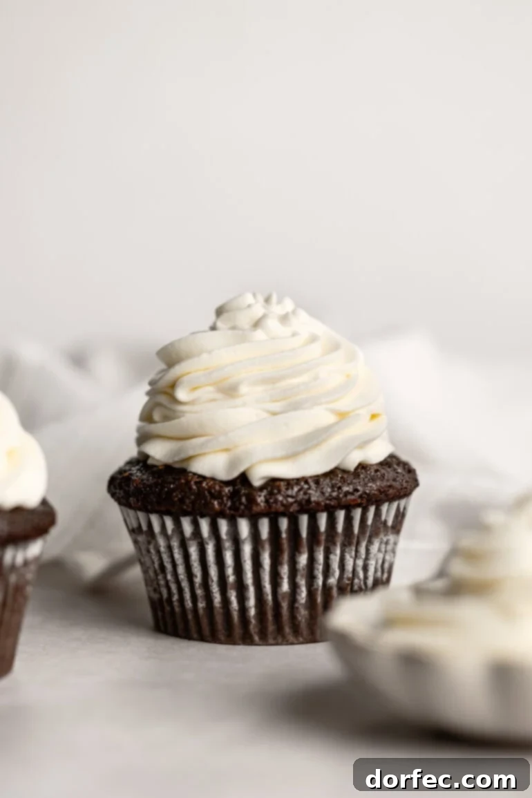 Fluffy Tangy Cream Cheese Frosting 2 A chocolate cupcake adorned with a generous swirl of light and fluffy whipped cream cream cheese frosting, hinting at pure dessert bliss.