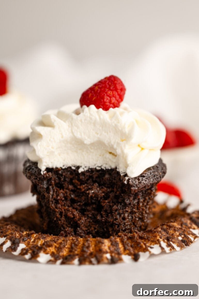 Fluffy Tangy Cream Cheese Frosting 13 A close-up of a decadent chocolate cupcake, generously topped with thick, creamy cream cheese frosting, with a delicious bite already taken and a single fresh raspberry perched on top.