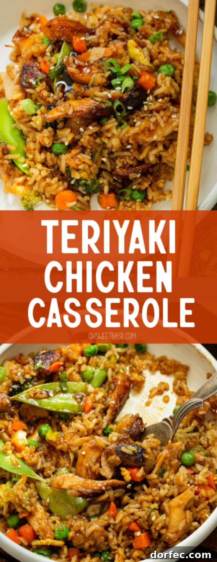 Classic Baked Teriyaki Chicken Casserole: Easy, crowd-pleasing, and perfect for potlucks or weeknight dinners. A beautifully plated Teriyaki Chicken Casserole, featuring fried rice, large pieces of tender chicken, and a colorful mix of stir-fried vegetables. Chopsticks are ready on the side, inviting a delightful meal.