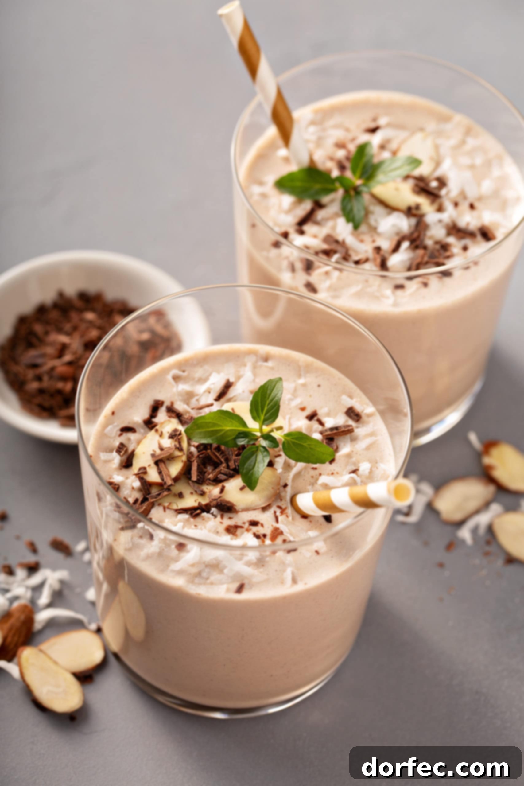 Almond Joy Protein Boost 2 Two glasses of healthy Almond Joy Protein shake, garnished with sliced almonds, shredded coconut, shaved chocolate, and fresh mint leaves on a rustic wooden surface.