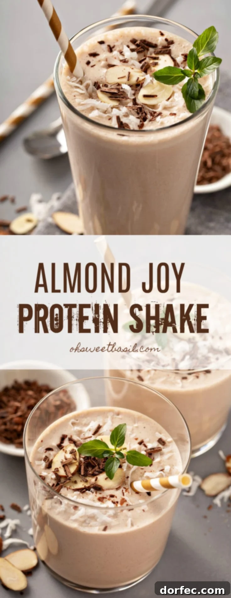 Almond Joy Protein Boost 10 Two glasses of Almond Joy Protein shake with sliced almonds, coconut, shaved chocolate and mint leaves on top.