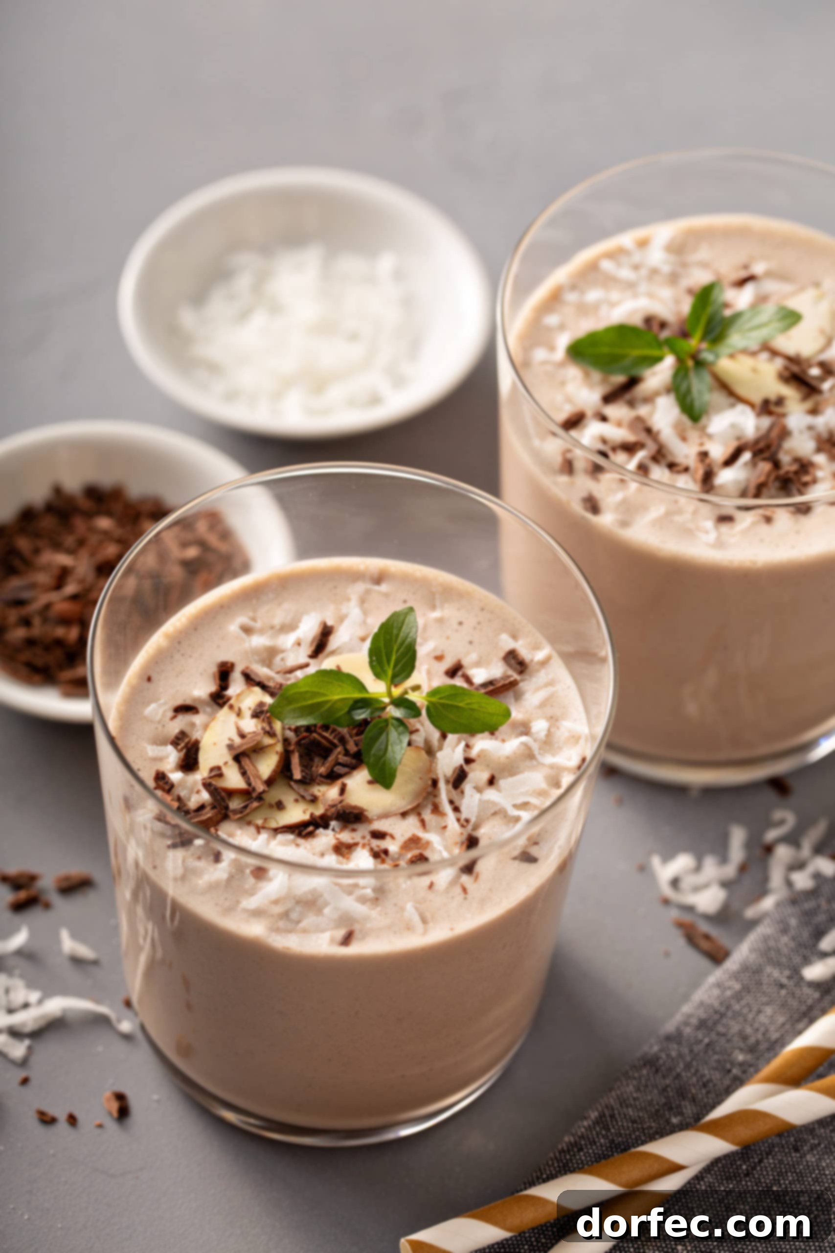 Almond Joy Protein Boost 4 Close-up of three glasses of cold Almond Joy Protein Shakes, artfully garnished with a small dish of shaved chocolate, another dish of shredded coconut, a handful of sliced almonds, and fresh mint leaves for a vibrant touch.