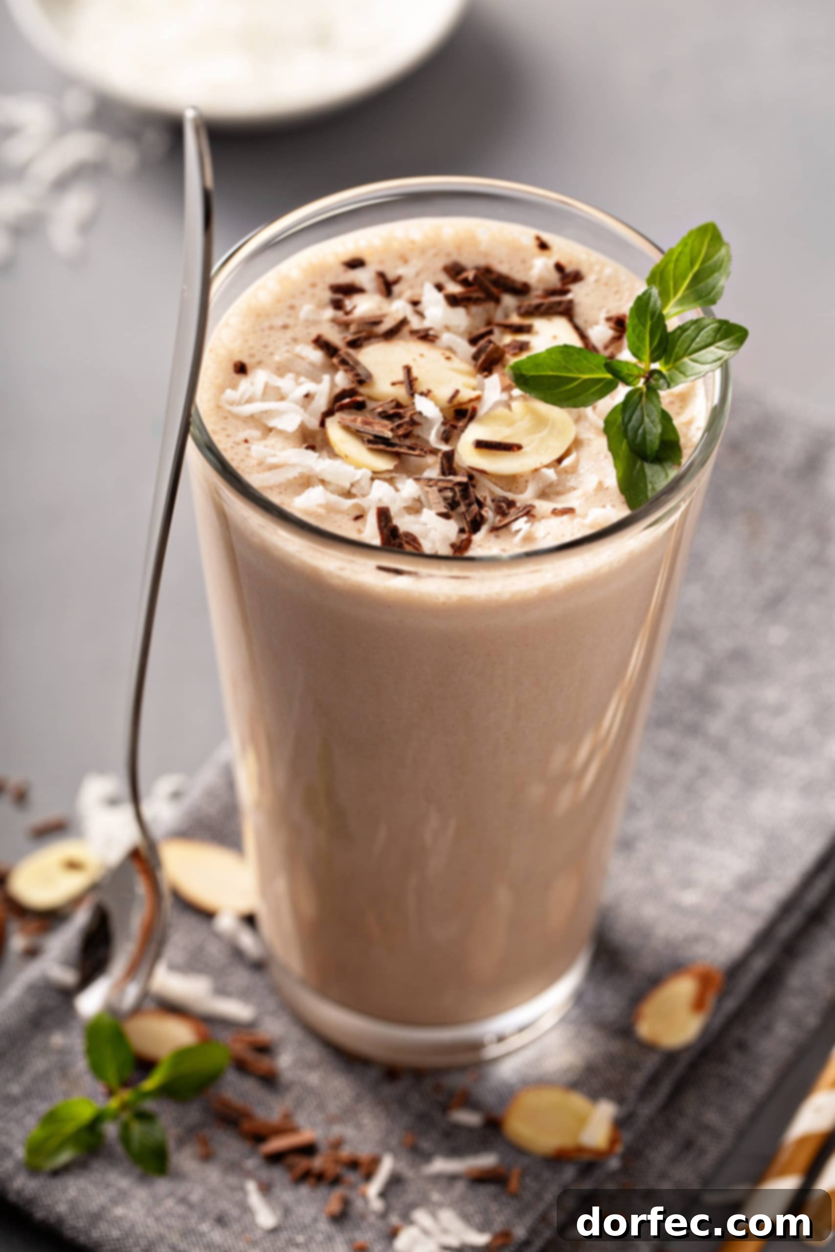 Almond Joy Protein Boost 6 A tall glass filled with a creamy Almond Joy Chocolate Coconut Protein Shake, topped with fresh mint leaves and a long spoon, creating an inviting and refreshing visual.