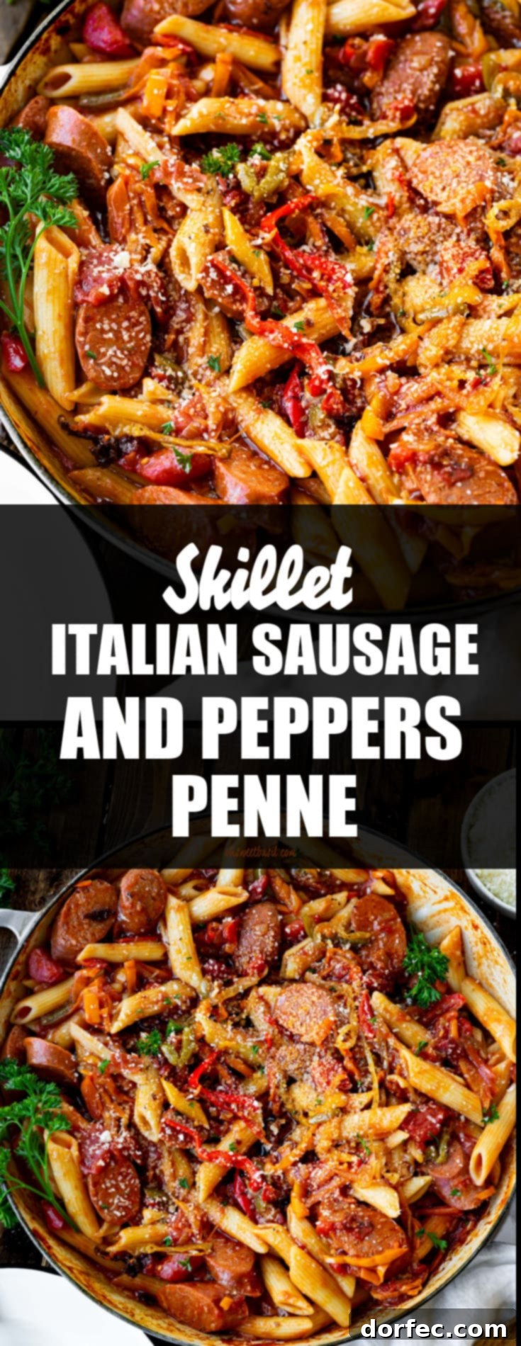 Hearty Skillet Italian Sausage and Peppers Penne 3 A high-angle, mouth-watering photograph of a cast iron skillet overflowing with perfectly cooked penne pasta, succulent slices of Italian sausage, and tender sautéed peppers and onions, all coated in a rich, deeply flavored tomato sauce, ready to be enjoyed.