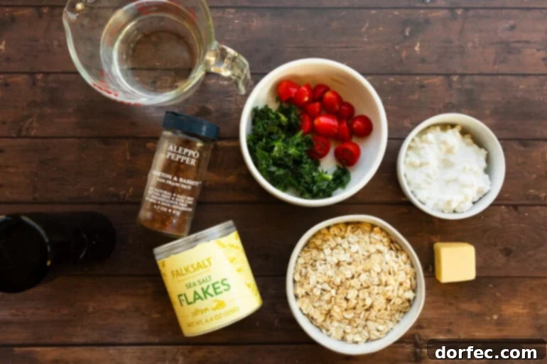 Speedy Savory Protein Oats with Cottage Cheese 4 All the fresh ingredients for high-protein savory oatmeal with cottage cheese, beautifully arranged in separate small bowls, showcasing their vibrant colors and textures.