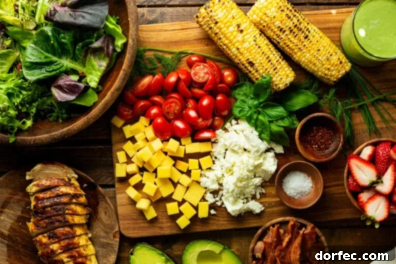 A vibrant flat lay of all the fresh ingredients for a grilled chicken summer salad: crisp mixed greens, bright grape tomatoes, perfectly charred corn on the cob, crumbly feta cheese, creamy avocado slices, crispy bacon, and a succulent grilled chicken breast, ready for assembly.